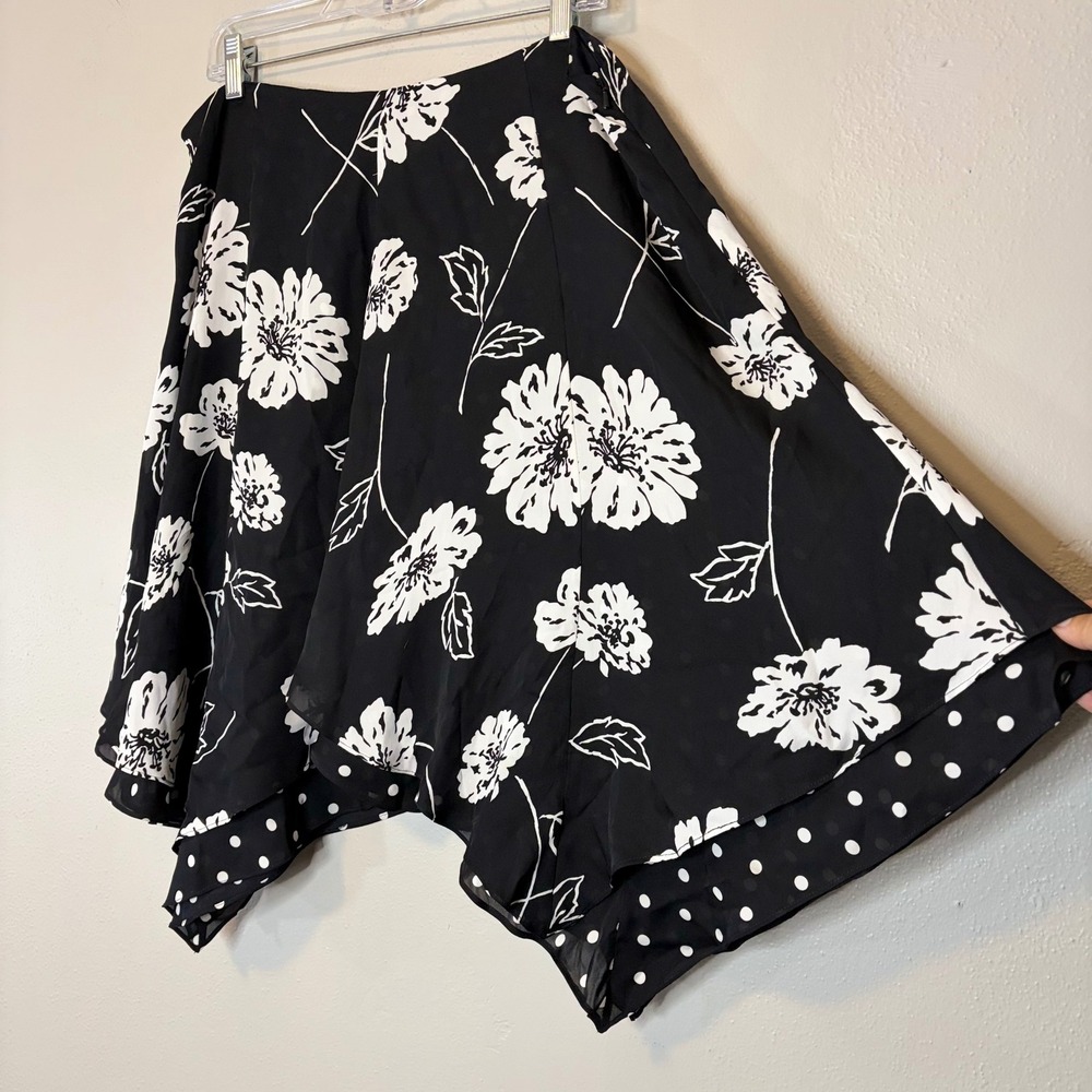 100% Silk Floral Polka Dot Handkerchief Hem Skirt Size 14 Whimsygoth Midi Flowy
